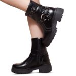 Coturno Feminino Preto Bota Tratorada Biker Boots Com Fivelas