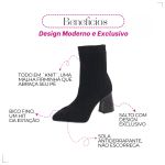 Bota Feminina Meia Knit Preta Cano Curto Salto Médio Bico Fino