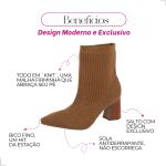 Bota Feminina Meia Knit Caramelo Cano Curto Salto Médio Bico Fino 