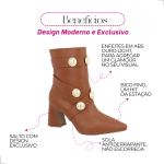 Bota Feminina Apliques Caramelo Cano Curto Salto Médio Bico Fino