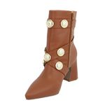 Bota Feminina Apliques Caramelo Cano Curto Salto Médio Bico Fino