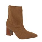 Bota Feminina Meia Knit Caramelo Cano Curto Salto Médio Bico Fino 