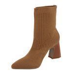 Bota Feminina Meia Knit Caramelo Cano Curto Salto Médio Bico Fino 