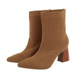 Bota Feminina Meia Knit Caramelo Cano Curto Salto Médio Bico Fino 