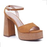 Sandália Meia Pata Feminina FH Salto Grosso Suede Caramelo 