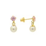 Brinco De Ouro 18k Pérola Com Pedra De Zircônia Rosa De 3mm