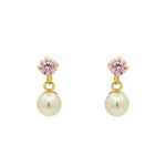 Brinco De Ouro 18k Pérola Com Pedra De Zircônia Rosa De 3mm