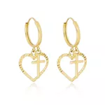 Brinco De Ouro 18k Argola Com Pingente Coração e Cruz