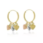 Brinco De Ouro 18k Argola Com Pingentes Corações Tricolor