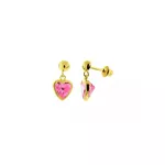Brinco De Ouro 18k Com Pedra De Zircônia Rosa Coração 3mm