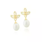 Brinco De Ouro 18k Flor De Zircônias Com Pérola