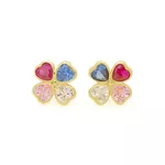 Brinco De Ouro 18k Trevo De Zircônias Coloridas Com 9mm