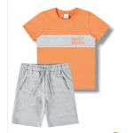 Conjunto Infantil Menino Camiseta e Bermuda em Algodão Bolso Frontal Malwee Laranja/Cinza