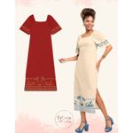 Vestido Midi com Estampa Metalizada e Mangas Bufantes - Cereja Rosa - Terracota