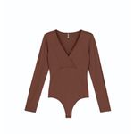 BODY Collant Feminino Decote V Manga Longa Marrom