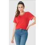Blusa Básica Feminina Decote Redondo Costura Contraste Em Algodão