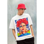 Camiseta Unissex Oversized em Algodão Estampa Frida Kahlo Branca