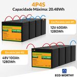 Bateria de fosfato de ferro e lítio LiFePO4 12V 100Ah - Marca ECO WORTHY