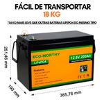 Bateria de fosfato de ferro e lítio LiFePO4 12V 200Ah - Marca ECO WORTHY