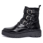 Bota Coturno Feminino Ferrile em Couro Com Fivelas e Ziper Preto