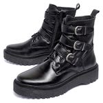 Bota Coturno Feminino Ferrile em Couro Com Fivelas e Ziper Preto