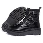 Bota Coturno Feminino Ferrile em Couro Com Fivelas e Ziper Preto