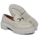 Sapato Feminino Mocassim Conforto Em Couro Off White Tratorado Metal Grafite 