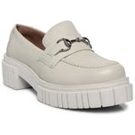 Sapato Feminino Mocassim Conforto Em Couro Off White Tratorado Metal Grafite 