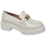 Sapato Mocassim Feminino Conforto Em Couro Off White Sola Tratorada com Metal Dourado