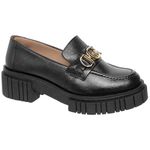Sapato Mocassim Feminino Em Couro Preto Sola Tratorada com Metal Dourado
