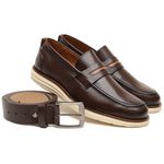 Kit Sapato Social Loafer Masculino Em Couro + Cinto Em Couro Café