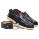 Kit Sapato Social Loafer Masculino Em Couro + Cinto Em Couro Azul Marinho