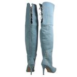Bota Over Feminina Cano Alto Salto Fino com Strass 1729 Tecido Jeans Claro