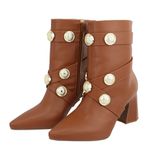 Bota Feminina Com Salto Bloco Detalhe Broche Dourado 183211 Napa Canela
