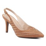 Sapato Feminino Scarpin Slingback Salto Fino Com Detalhes Strass 183030 Suede Caramelo