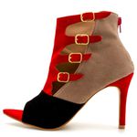 Sapato Feminino Ankle Boot 6011 Camurça Vermelha Taupe e Preta