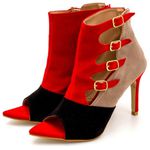 Sapato Feminino Ankle Boot 6011 Camurça Vermelha Taupe e Preta