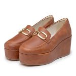 Sapato Social Feminino Salto Plataforma Mocassim Argolas Dourado 170500 Caramelo