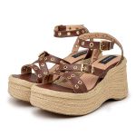 Sandália Feminina Anabela Plataforma Ilhós 9101 Caramelo
