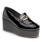 Sapato Social Feminino Salto Plataforma Mocassim Detalhe em Dourado 170500 Preto