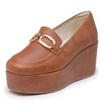 Sapato Social Feminino Salto Plataforma Mocassim Argolas Dourado 170500 Caramelo