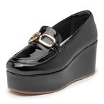 Sapato Social Feminino Salto Plataforma Mocassim Detalhe em Dourado 170500 Preto