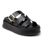 Sandália Feminina Papete Flatform Tira com Fivela 5301 Croco Preto - Violeta