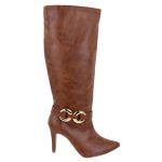 Bota Feminina Cano Longo Salto Fino com Detalhe Adicional Fivela 1713 Destroyed Caramelo