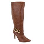 Bota Feminina Cano Longo Salto Fino com Detalhe Adicional Fivela 1713 Destroyed Caramelo