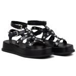 Sandália Papete Flatform Feminina Em Napa Preta 183070 Com Hotfix Prata