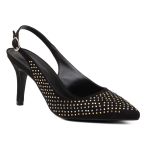 Sapato Feminino Scarpin Clássico Slingback Com Aplicação De Strass Em Suede Preto 183030