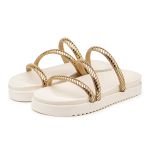 Sandália Papete Feminina Com Sola Alta Off White e Tiras De Strass Dourado 199066 - Girassol