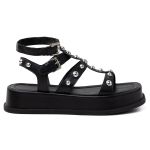 Sandália Papete Flatform Feminina Em Napa Preta 183070 Com Hotfix Prata
