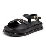 Sandália Flatform Feminina Papete Tiras Fivela 23411 Preta